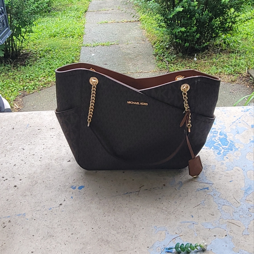 Michael Kors Dark Brown MK Pattern Shoulder Bag - Picture 6 of 8